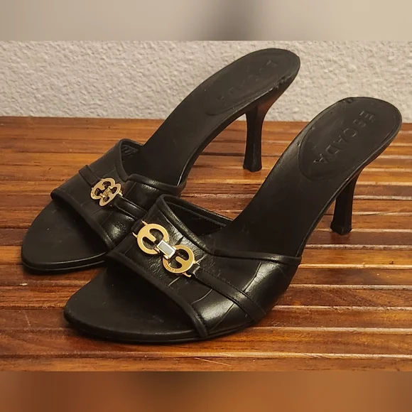 Escada Black Leather Heels with Gold Accent - Picture 3 of 12